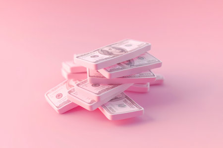 Stack of money on pastel background. 3d minimal banknote currency. Business, finance, savings, bank, finance investment concept. Stack of dollar bills, cash, paper money, salary, bonus.の素材