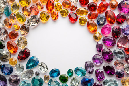 Colorful gems on white. Colorful Sapphires, ruby, amethyst, topaz, emerald gemstones scattered on a white background with empty space in the center. Precious gems and minerals collection, jewelry.の素材
