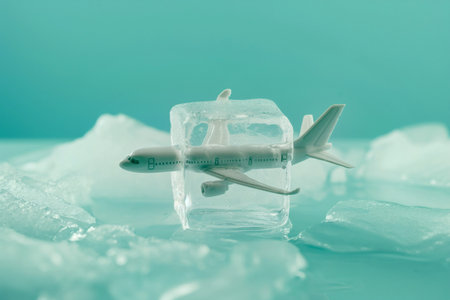 Airplane in ice cube. Canceled flights, airplane flight delays, frozen tickets, frozen flights, tourism and travel concept, plane crash.の素材