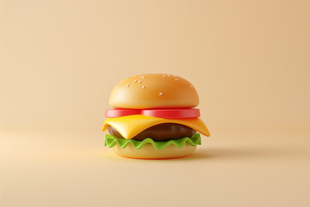 Classic burger 3d render on pastel background, hamburger. Abstract fast food, cheese burger, minimalist junk food concept. Traditional street fast food, icon, copy space.の素材