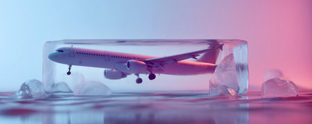 Airplane in ice cube. Canceled flights, airplane flight delays, frozen tickets, frozen flights, tourism and travel concept, plane crash.の素材