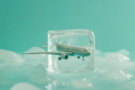 Airplane in ice cube. Canceled flights, airplane flight delays, frozen tickets, frozen flights, tourism and travel concept, plane crash.の素材