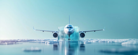 Airplane in ice cube. Canceled flights, airplane flight delays, frozen tickets, frozen flights, tourism and travel concept, plane crash.の素材