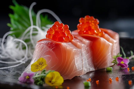 Tuna sashimi sliced on ice. Fresh and tasty traditional delicious Japanese dish, raw fish fillet, Japanese cuisine. Seafood assortment in a restaurant. Trendy oriental food.の素材