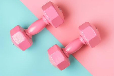 Pink dumbbells on pink and blue background. Working out concept, fitness, sport activity and healthy lifestyle theme, equipment for home workouts or exercises in a gym. Minimal creative flat lay.の素材
