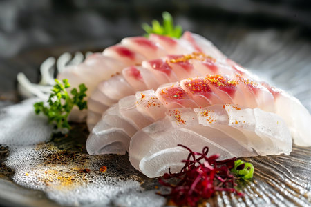 Tuna sashimi sliced on ice. Fresh and tasty traditional delicious Japanese dish, raw fish fillet, Japanese cuisine. Seafood assortment in a restaurant. Trendy oriental food.の素材