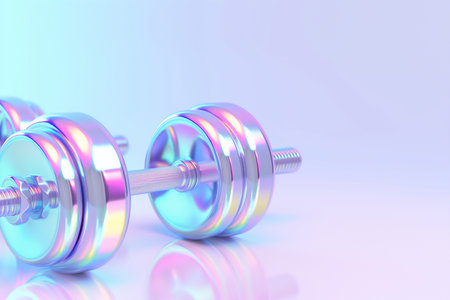 Holographic dumbbells. Neon glowing dumbbell. Working out concept, fitness, sport activity and healthy lifestyle theme, equipment for home workouts or exercises in a gym. Minimal creative flat lay.の素材