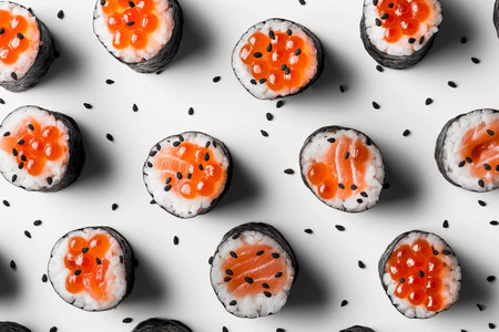 Sushi rolls pattern top view isolated on white background. Assorted tasty sushi rolls, Japanese cuisine, traditional delicious Japanese dish.の素材