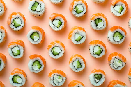 Sushi rolls pattern top view isolated on pastel background. Assorted tasty sushi rolls, Japanese cuisine, traditional delicious Japanese dish.の素材