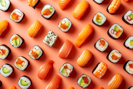Sushi rolls pattern top view isolated on pastel background. Assorted tasty sushi rolls, Japanese cuisine, traditional delicious Japanese dish.の素材