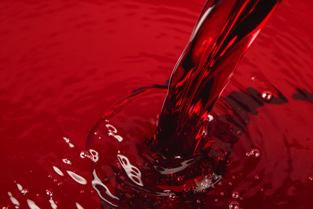 Red wine pouring with splashes on red background closeup. Glass of wine, drink for celebrating, date, family dinner, party. Wine shop, wine tasting concept, copy space. Minimal winery banner.の素材