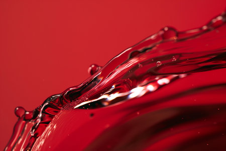 Red wine pouring with splashes on red background closeup. Glass of wine, drink for celebrating, date, family dinner, party. Wine shop, wine tasting concept, copy space. Minimal winery banner.の素材