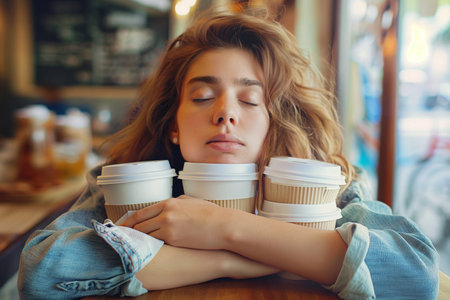 Tired sleepy young woman with coffee. Sleepy exhausted student girl holding a lot of takeaway coffee cups sitting in cafe with her eyes closed. Need more coffee, falling asleep, I hate Mondays.の素材