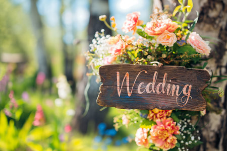 Wooden board with the inscription in paint Wedding. Sign for guests at the entrance, outdoors wedding ceremony decoration. Welcome wedding wooden plaque with flowers on background, hand made signboardの素材