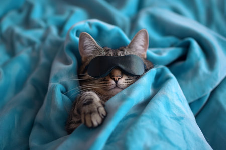 Cat sleeping in sleep mask lying in the bed. World Sleep Day concept. Rest and relax, daydreaming, healthy sleep, lazy day off concept. Cute cat in sleep bandage, wearing sleeping maskの素材
