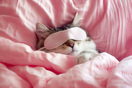 Cat sleeping in sleep mask lying in the bed. World Sleep Day concept. Rest and relax, daydreaming, healthy sleep, lazy day off concept. Cute cat in sleep bandage, wearing sleeping maskの素材