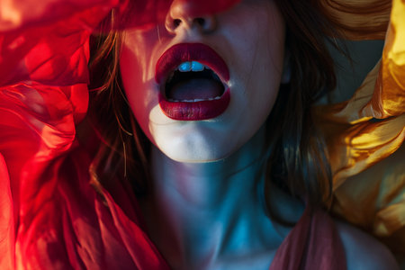 Young European woman having orgasm. Beautiful woman with open mouth and closed eyes enjoying sex lying in bed among silk. Red lips, night light. Sexual experience, masturbation, cunnilingusの素材