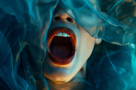 Young European woman having orgasm. Beautiful woman with open mouth and closed eyes enjoying sex lying in bed among silk. Red lips, night light. Sexual experience, masturbation, cunnilingusの素材