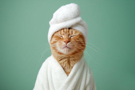 Cute cat in white bathrobe and turban on colorful background, spa treatments after bath. Cat relaxing in spa. Beauty procedures, wellness, relaxation concept. Pet grooming, domestic pets treatment.の素材
