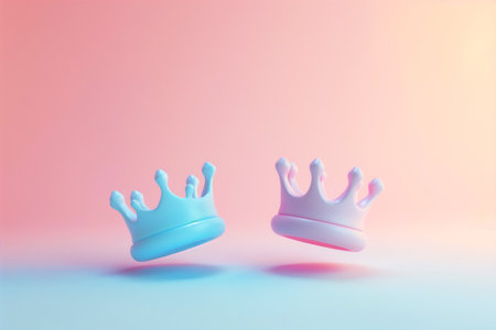 Cartoon 3d render of two crowns. Minimal creative concept. Royalty, winning, victory, success, game, leadership. Perfect quality, best of the best. Kings and queens symbolの素材