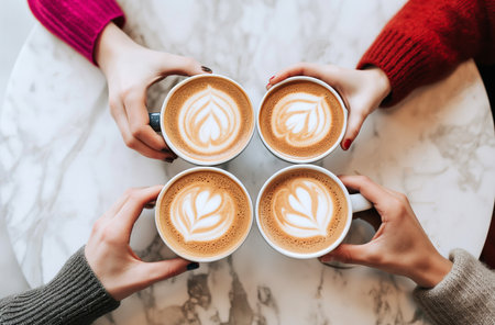 Four friends holding coffee cups with latte art. Cappuccino crema of heart shape. Top view of marble cafe table. Morning cappuccino with hearts, romantic double date. Coffee breakの素材