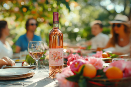 Rose wine on served table outdoors, people on blurred background. Family dinner in the summer garden, friends celebrating, togetherness, company gathered at the table, festive warm atmosphere.の素材