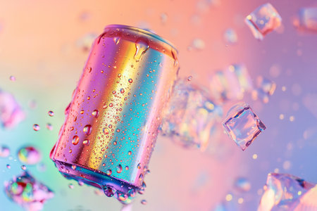 Holographic aluminum can with refreshing cold drink. Product mockup of a soda tin can flying in the air with ice cubes, drops and splashes floating around, rainbow gradient background, space for text.の素材