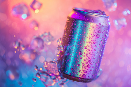 Holographic aluminum can with refreshing cold drink. Product mockup of a soda tin can flying in the air with ice cubes, drops and splashes floating around, rainbow gradient background, space for text.の素材