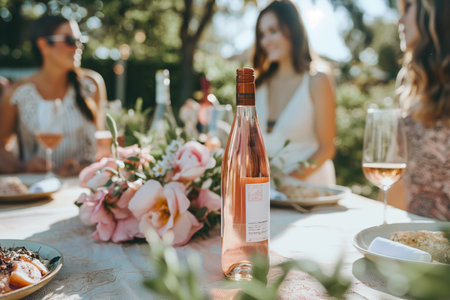 Rose wine on served table outdoors, people on blurred background. Family dinner in the summer garden, friends celebrating, togetherness, company gathered at the table, festive warm atmosphere.の素材