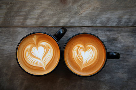 Two cups of coffee with heart latte art, date concept. Valentine's day or coffee lover theme. Couple of cappuccino cups on wooden background, top view, space for text. Romantic moments.の素材