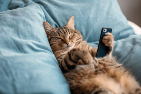 Cat in bed with smartphone. Funny pets, social media, Internet news addiction, screen time before sleeping concept, insomnia, cannot sleep. Gadget addicted, first thing in the morning, playing games.の素材