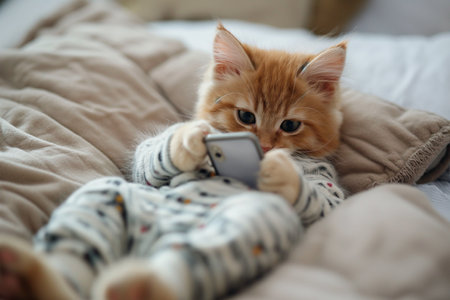 Cat in bed with smartphone. Funny pets, social media, Internet news addiction, screen time before sleeping concept, insomnia, cannot sleep. Gadget addicted, first thing in the morning, playing games.の素材