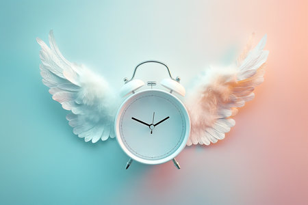 Alarm clock with angel wings flying on pastel background. Time flies concept, time management, free time. Time of flight. Day schedule, lack of time, running out of time, countdown, hurry, rushの素材