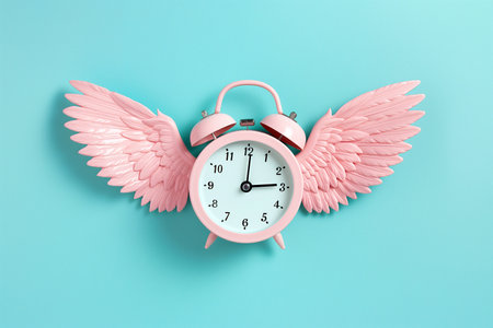 Alarm clock with angel wings flying on pastel background. Time flies concept, time management, free time. Time of flight. Day schedule, lack of time, running out of time, countdown, hurry, rushの素材