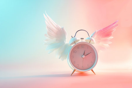 Alarm clock with angel wings flying on pastel background. Time flies concept, time management, free time. Time of flight. Day schedule, lack of time, running out of time, countdown, hurry, rushの素材
