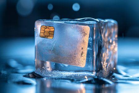 Credit card frozen in ice cube. Frozen bank account. Frozen funds and assets, unavailable money. The concept of bankruptcy and capital freezing, capital outflow restrictions, deposit risk, sanctions.の素材