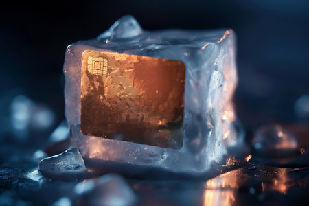 Credit card frozen in ice cube. Frozen bank account. Frozen funds and assets, unavailable money. The concept of bankruptcy and capital freezing, capital outflow restrictions, deposit risk, sanctions.の素材