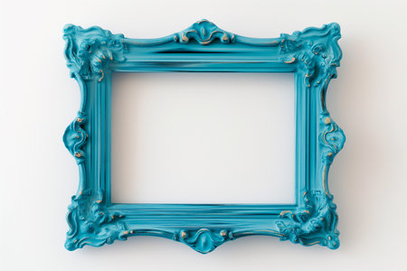 Empty classic vintage frame painted in blue on white background with shadows. Frame for picture in art gallery, mockup for advertisement message or inscription. Luxurious vintage. Retro decor.の素材