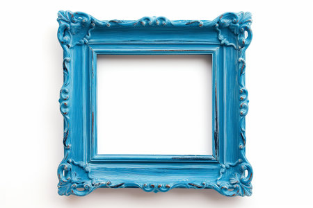 Empty classic vintage frame painted in blue on white background with shadows. Frame for picture in art gallery, mockup for advertisement message or inscription. Luxurious vintage. Retro decor.の素材