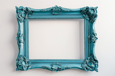 Empty classic vintage frame painted in blue on white background with shadows. Frame for picture in art gallery, mockup for advertisement message or inscription. Luxurious vintage. Retro decor.の素材