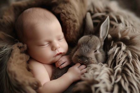 Newborn baby sleeping hugging a rabbit. Infant peacefully naps with a soft bunny. Little treasure, dreaming baby sweet child, cozy sleepの素材