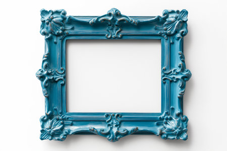 Empty classic vintage frame painted in blue on white background with shadows. Frame for picture in art gallery, mockup for advertisement message or inscription. Luxurious vintage. Retro decor.の素材