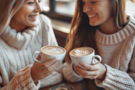 Two friends enjoying coffee at a cozy cafe, two women with cappuccino talking in a coffee shop, friendship and happiness. Women gossiping, date or spending time together.の素材