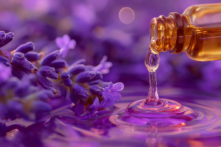 A close-up image of lavender essential oil dripping from a bottle into water, surrounded by beautiful lavender flowers in a vibrant purple setting. Ideal for aromatherapy and relaxation themesの素材