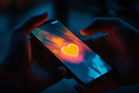 A hand holding a smartphone displaying a heart symbol on a blurred outdoor background. Represents technology, love, and communication. Saint Valentine's Day concept.の素材