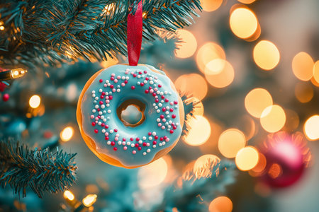 Decorative Blue Doughnut Ornament Hanging on Christmas Tree with Festive Lights. Diet, fasting and new beginning concept. New Year resolutions.の素材