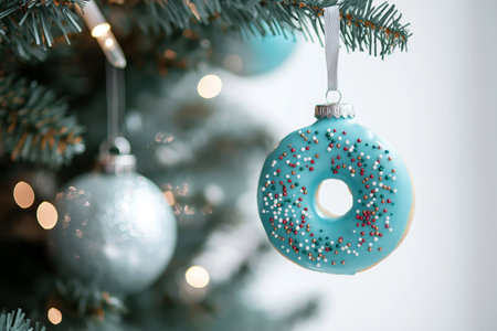 Decorative Blue Doughnut Ornament Hanging on Christmas Tree with Festive Lights. Diet, fasting and new beginning concept. New Year resolutions.の素材