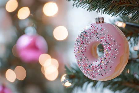 Decorative Pink Doughnut Ornament Hanging on Christmas Tree with Festive Lights. Diet, fasting and new beginning concept. New Year resolutions.の素材