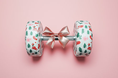 Festive gym weight wrapped like a Christmas gift presented with holiday patterns and accents. Ideal for illustrating concepts of fitness during the holiday season or unique gift ideas. New Year goals.の素材
