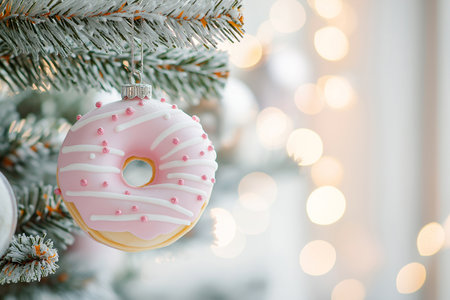 Decorative Pink Doughnut Ornament Hanging on Christmas Tree with Festive Lights. Diet, fasting and new beginning concept. New Year resolutions.の素材